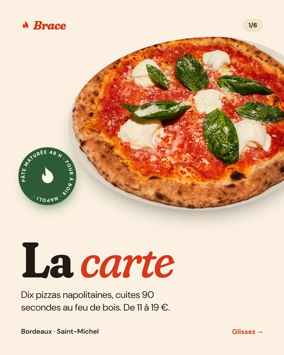 Couverture : une pizza à la burrata, le tampon « pâte maturée 48 h » et le titre La carte. Dix pizzas napolitaines, de 11 à 19 €.
