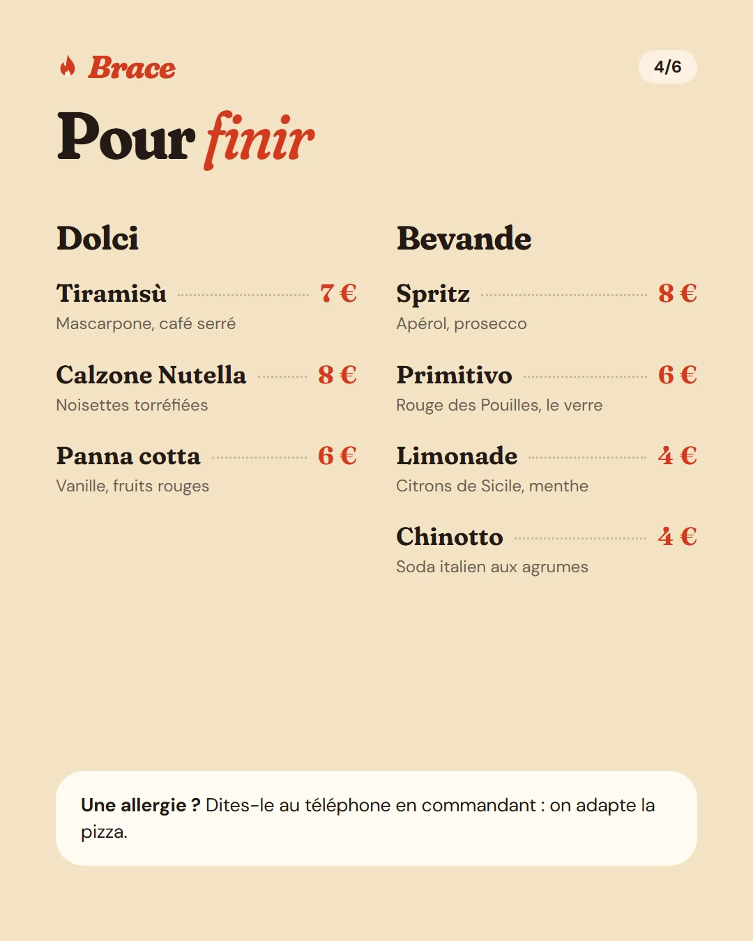 Desserts et boissons, de 4 à 8 €, et une note sur les allergies.