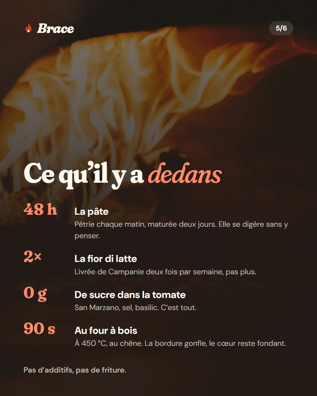 Ce qu’il y a dedans : pâte maturée 48 h, fior di latte livrée deux fois par semaine, tomate sans sucre, 90 secondes au four à bois.