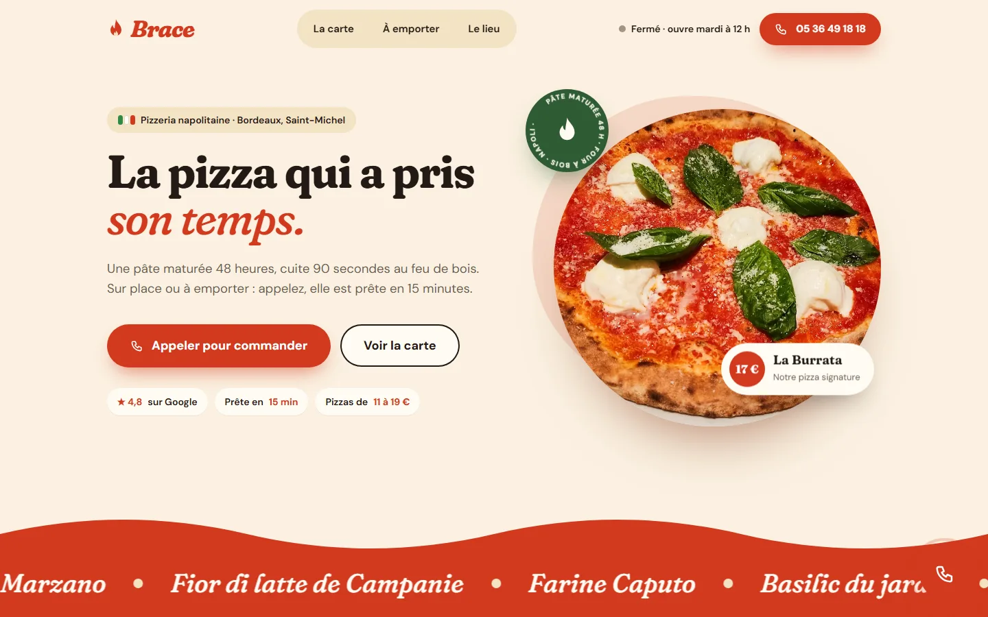 Page d’accueil : la pizza en grand et l’appel en premier