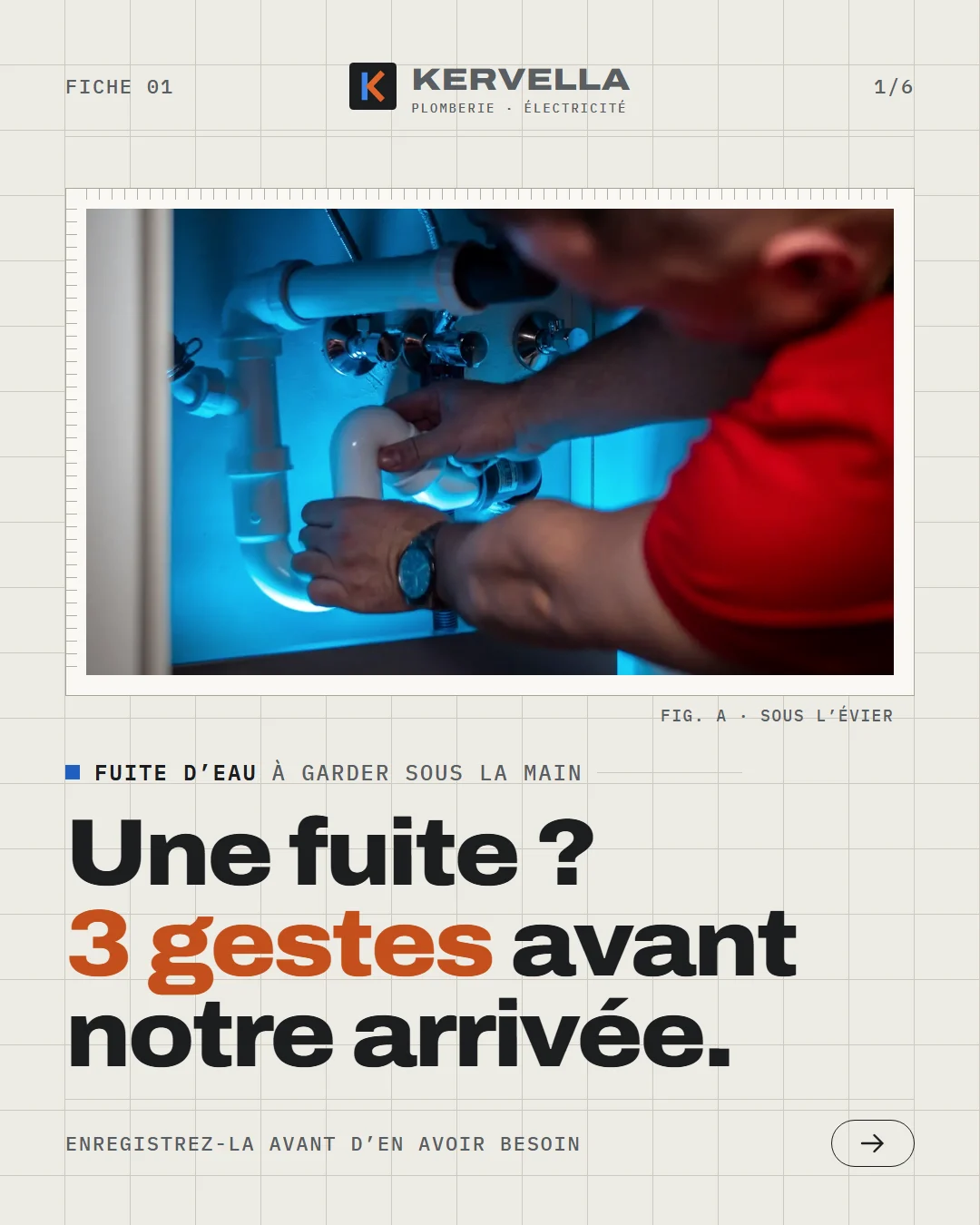 Couverture sur fond quadrillé : un plombier sous un évier, cadré comme une planche technique, et le titre Une fuite ? 3 gestes avant notre arrivée.