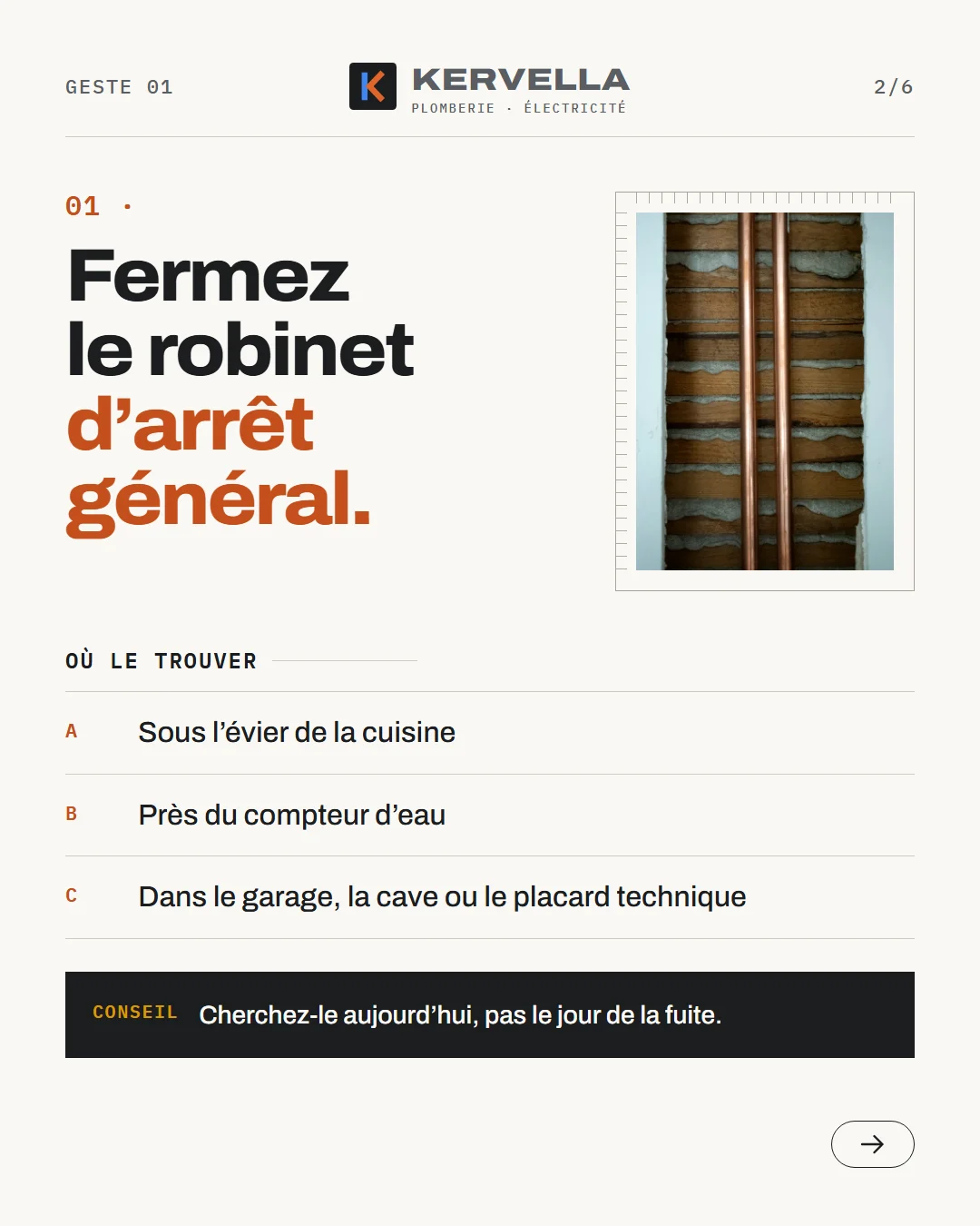 Geste 01 : fermez le robinet d’arrêt général. Où le trouver : sous l’évier, près du compteur d’eau, dans le garage ou la cave. Conseil : cherchez-le aujourd’hui.