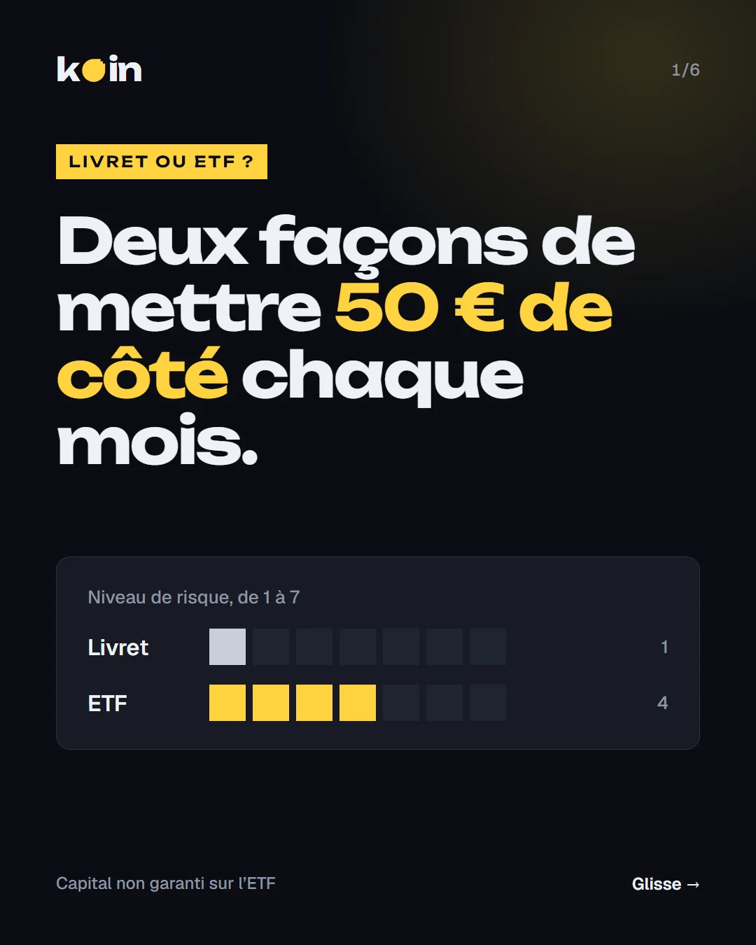 Couverture : Livret ou ETF ? Deux façons de mettre 50 € de côté chaque mois. Le livret est au niveau de risque 1 sur 7, l’ETF au niveau 4.