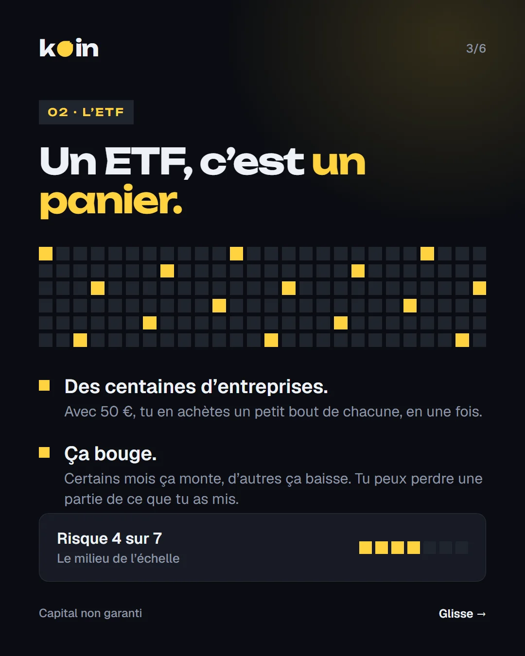 Un ETF, c’est un panier de centaines d’entreprises, représenté par une grille de carrés. Ça monte et ça baisse : on peut perdre une partie de sa mise. Risque 4 sur 7.