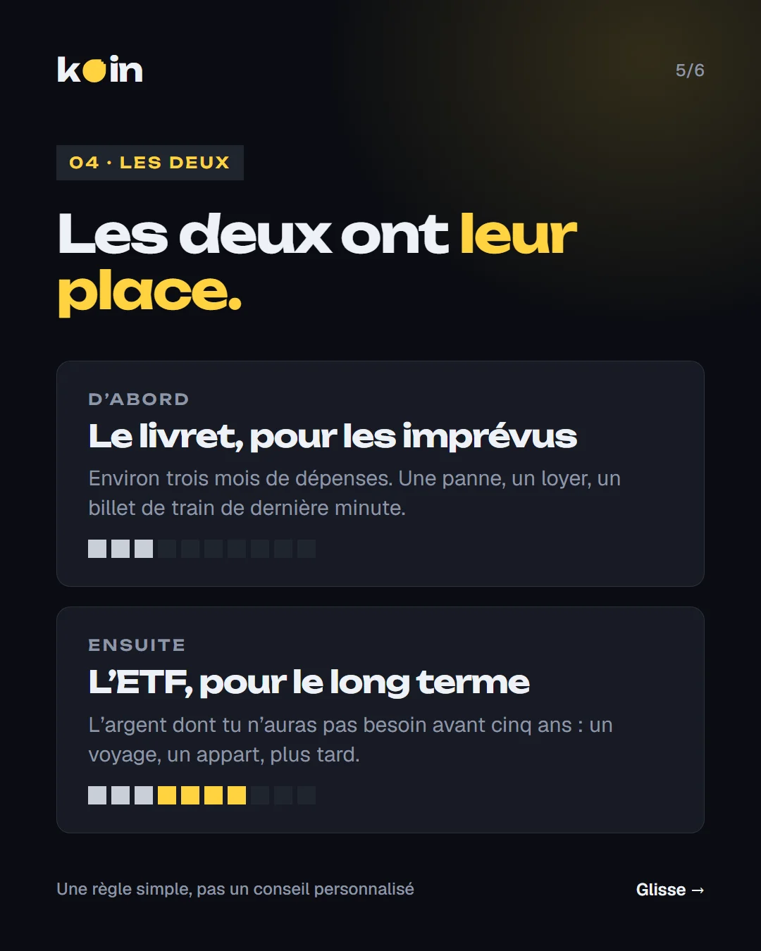 Les deux ont leur place : d’abord le livret pour trois mois de dépenses, ensuite l’ETF pour l’argent qui peut attendre cinq ans.