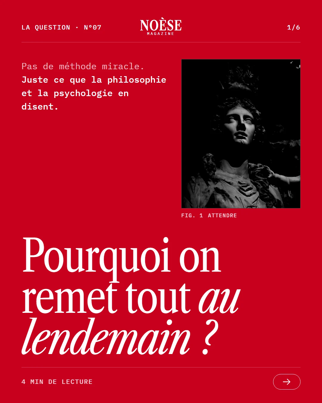 Couverture rouge : une statue en noir et blanc et le titre Pourquoi on remet tout au lendemain ?
