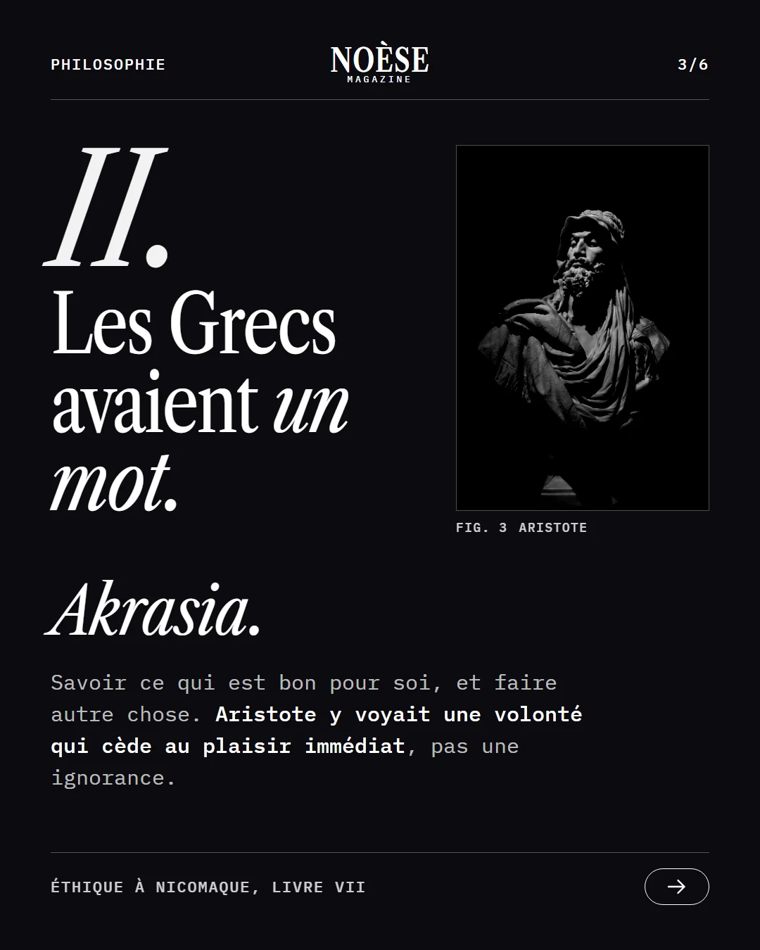 Sur fond noir, II. Les Grecs avaient un mot : akrasia. Savoir ce qui est bon pour soi, et faire autre chose. Un buste d’Aristote en noir et blanc.