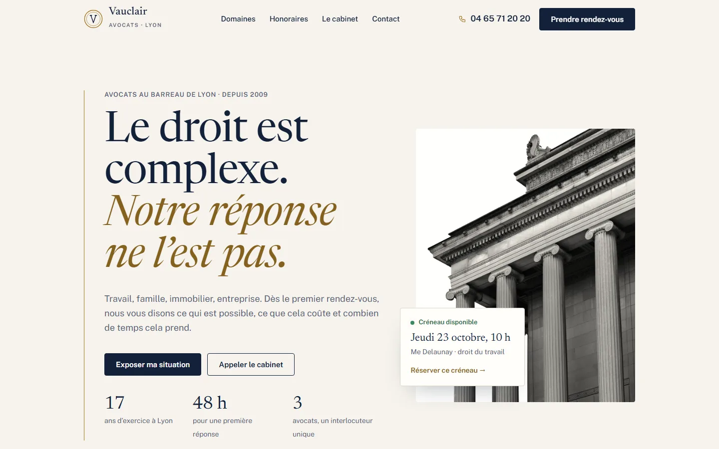 Page d’accueil : une promesse claire, le téléphone et le prochain créneau visibles